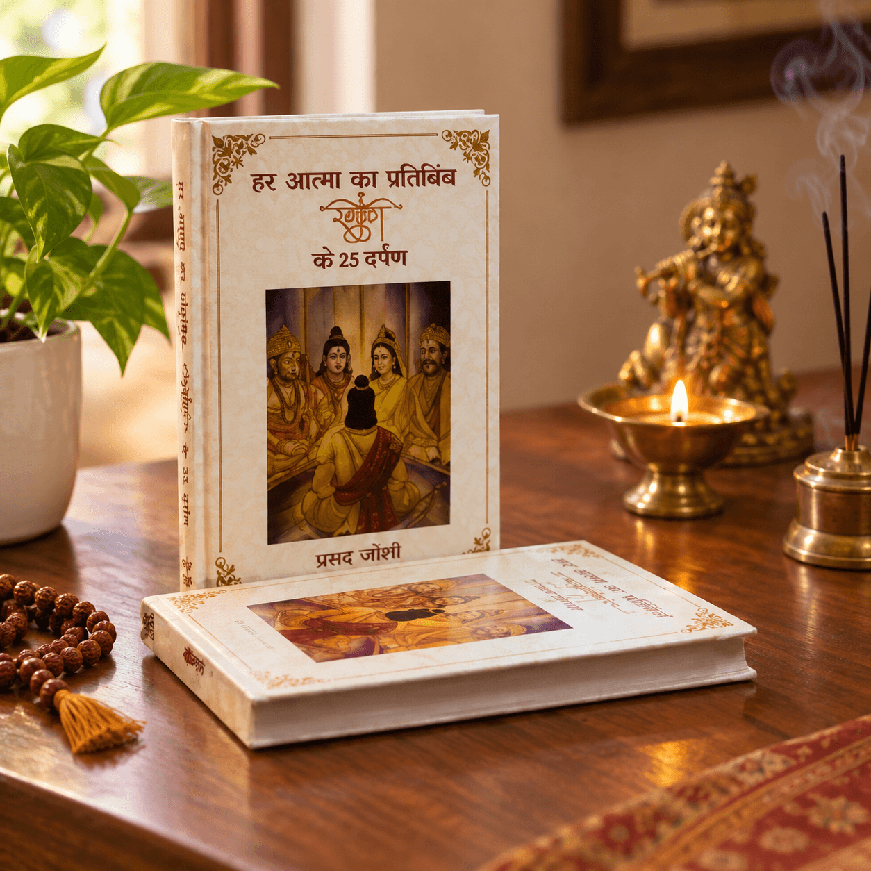 The Hindi edition of Ramayan ke 25 Darpan beside a lit diya and a brass idol